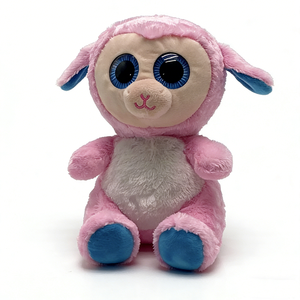 Peluche d'agneau rose moelleuse personnalisée, avec de grands yeux ronds bleus brillants, visage beige crème, nez d'agneau rose cousu. - Product Image 3