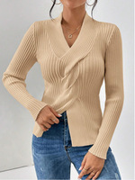 Col en V personnalisable pour femmes manches longues ourlet fileté fente Logo personnalisé pull d'hiver décontracté 52% Viscose 29% Polyester 19% Polyamide