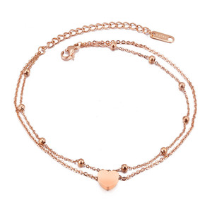 Bracelet <span class=keywords><strong>de</strong></span> <span class=keywords><strong>cheville</strong></span> minimaliste double couche avec pendentif cœur personnalisé poli miroir, chaîne <span class=keywords><strong>gourmette</strong></span>, accessoires pour les pieds - Product Image 2