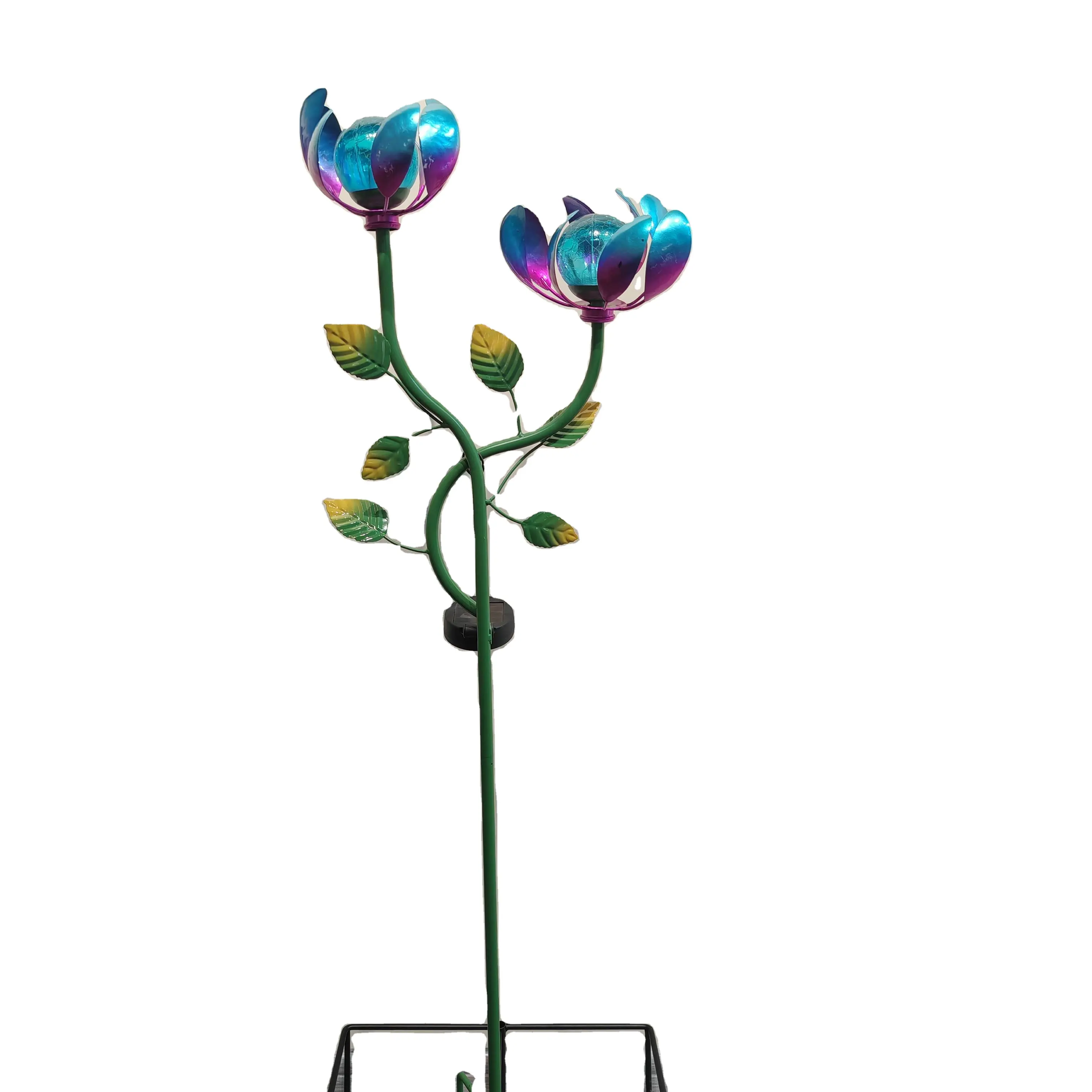 धातु उद्यान प्रकाश सौर से संचालित दो फूलों की विंडमिल उपयुक्त सजावट आंगन ग्लास गेंद पवन स्पिनर