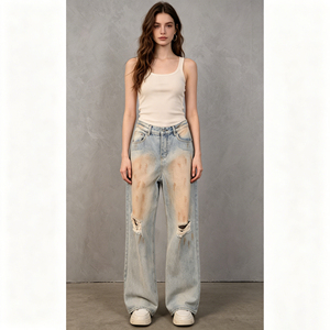 <span class=keywords><strong>Jean</strong></span> en denim décontracté pour homme, taille haute, coupe droite, style vintage hip-hop, 100% coton tissé, écologique, délavé, effet usé et déchiré - Product Image 1
