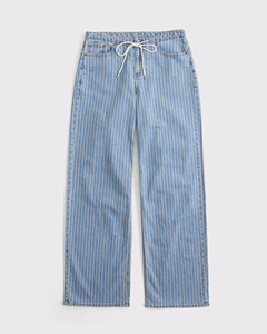 Jean décontracté en denim à taille basse rayé et à jambes larges pour femme avec cordon de serrage - Product Image 5