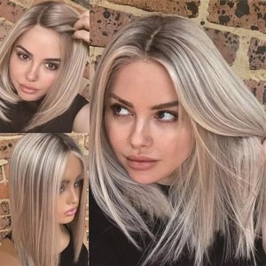Perruques Bob Blond Platine Cheveux Raides avec Racines Foncées Balayage Court Brunette Cheveux Humains Vierges de Haute Qualité Perruque Lace avec Baby Hair - Product Image 6