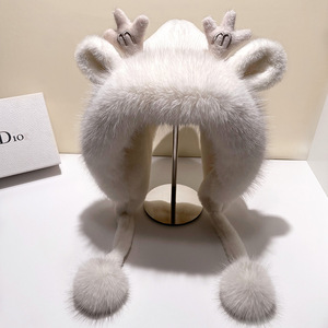 Gorro de felpa de asta bonita de Navidad para mujer, gorro peludo grueso con protección para los oídos, gorro cálido de invierno - Product Image 3