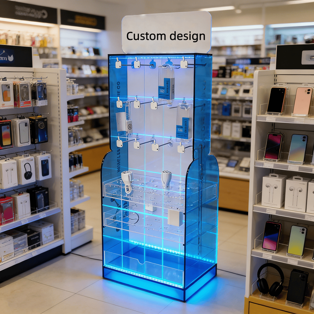 Custom Design LED-Lit Acrylic Retail Display Rack Floor Stand for Mobile Accessories, Electronics & Tech Gadgets
