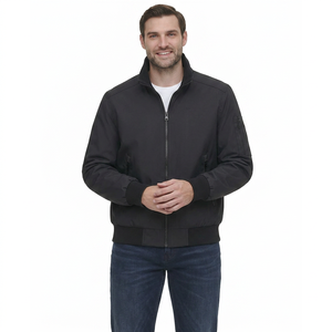 Men's Black Solid Bomber <b>Jacket</b> Zipper Closure <b>Mandarin</b> <b>Collar</b> Casual Windproof Wool Lining High Street Winter Wear Regular Fit - Product Image 2