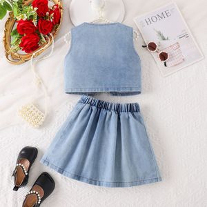 ชุดเด็กผู้หญิงสไตล์เรโทรใหม่สำหรับฤดูร้อน เสื้อกั๊กสีฟ้าลายดอกไม้ 3 มิติ พร้อมกระโปรงจีบสวยหรู ชุดเซ็ตสำหรับเด็กอายุ 2-7 ปี - Product Image 3