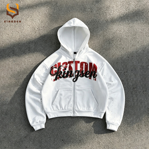 Sudadera con capucha vintage de peso pesado con cremallera, estilo streetwear, con efecto desgastado y lavado ácido, con pedrería, oversize - Product Image 1