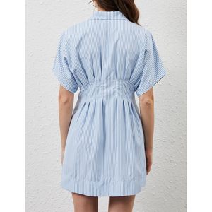 Vestido Camisero Plisado con Botones para Mujer, Manga Corta, Rayas, Mini, Casual, Uso Diario, Tejido Transpirable - Product Image 6