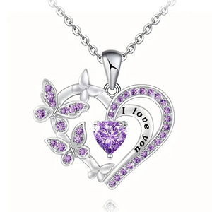 Ciondolo Cuore Viola con Zircone a Farfalla in Argento 925 Placcato Rodio, Gioiello Romantico da Donna - Product Image 1