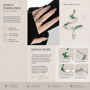 Bague en argent sterling 925 au design original, serpents avec émail vert et zircon, design ouvert réglable pour un style gothique / <span class=keywords><strong>Serpentard</strong></span> - Product Image 3