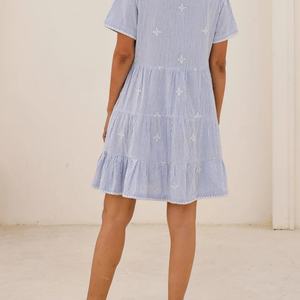 ชุดเดรสผ้าฝ้ายลินินทรงเอ สไตล์ลำลอง คอวี แขนสั้น แต่งระบาย ความยาวปานกลาง สำหรับผู้หญิง  ปรับแต่งได้ตามต้องการ - Product Image 5