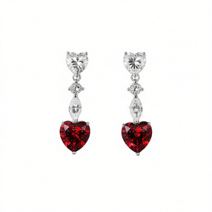 Orecchini Pendenti a Cuore Romantici in Argento 925 con Cristallo Rubino, Gioielli da Sposa da Donna con Montatura a Griffe a Forma di Cuore Rosso - Product Image 1