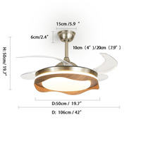 Ventilateur de plafond télécommandé de 42 pouces à LED Lampe en bois de fer Design rétractable pour intérieur, usage domestique, salon, chambre à coucher, salle à manger