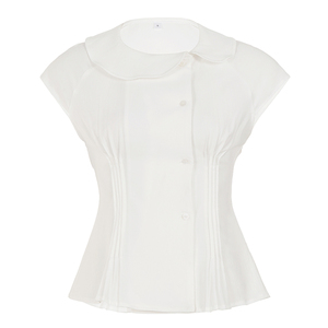 Blouse d'été tricotée mignonne style jeune fille, col rond, patte de boutonnage diagonale, taille cintrée, couleur unie - Product Image 6