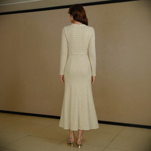 Vestido Midi de Tweed de Lujo con Botones, Corte en Diagonal, Elegante, para Oficina y Fiestas, OEM ODM - Product Image 6