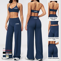 Set Pakaian Olahraga Yoga Wanita Khusus, Bra Olahraga Bertali, Celana Kaki Lebar, Bahan Lembut dan Elastis, Set Dua Potong untuk Latihan di Gym
