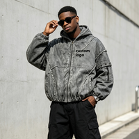 Veste à capuche surdimensionnée déstructurée en coton personnalisé pour homme, style vintage délavé, avec patchwork et bords bruts, entièrement zippée, streetwear