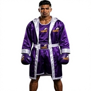 Ensemble de robe de boxe HAWK SPORTS INDUSTRIES MOPK, violet et blanc, satin polyester, robe d'entraînement durable, gants confortables, toutes saisons - Product Image 1