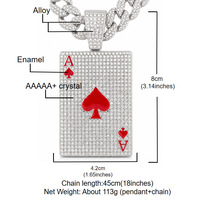 Pendentif Breloque Carte à Jouer Cœur Rouge As de Pique Hip Hop, entièrement orné de strass, avec Chaîne Maille Cubaine, Bijoux en Gros