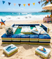 Tuiles de Mahjong Américain Thème Océan avec Motifs Planche de Surf et Soleil, Tuiles à Dos Rayé Bleu-Vert-Jaune, Portables et Écologiques