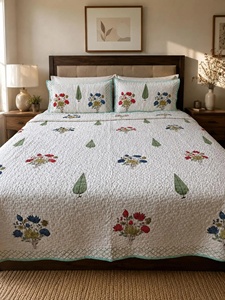 100% Hand Block Printed Cotton Quilt <b>Set</b> Floral Quilted Bedcover with Pillow Covers Lightweight King Boho <b>Comforter</b> - Product Image 1