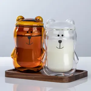 水咖啡牛奶儿童果汁可爱熊猫熊玻璃带盖棕色透明刻度饮水杯