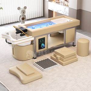 Cama de Masaje Multifuncional para Salón de Belleza, Color Beige, con Lavabo de Cerámica para Pedicura, Cama Profesional para Spa Capilar con Moxibustión y Calor - Product Image 2