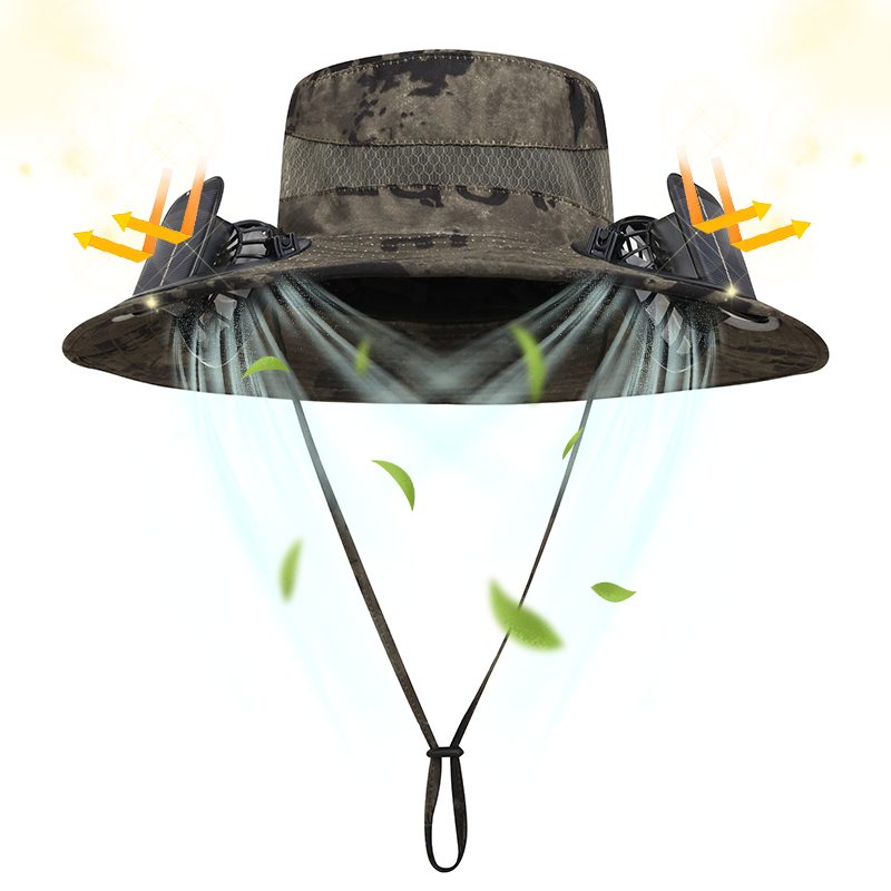 Adjustable 60cm Wide UV Protection Bucket Hat Solar Rechargeable Dual Cooling Fans Camouflage Fishing Cap for Outdoor Use