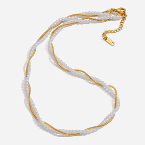 Collar de Cadena de Serpiente con Perlas Redondas, Acero Inoxidable Chapado en Oro de 18K, Joyería de Moda para Mujer, Regalo - Product Image 1