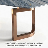 Table à manger en marbre bleu naturel avec base en acier inoxydable rose gold en forme de U, italienne, 8 places |   Personnalisé 160-240cm |   Projet de villa OEM