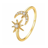 Ensemble de bagues célestes en argent sterling S925 |   Étoile, lune et fleur plaquées or 18 carats |   Bague ouverte avec pierres facettées blanches pour femme
