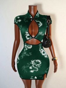 Women's Print Cheongsam-Inspired Bodycon Mini Dress Mandarin Collar Cutout Buttons Party Dresses Fashion - Product Image 4