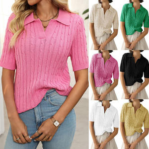 New Arrival Thin Korean V-neck <b>Short</b> <b>Sleeve</b> Cable Sweater Custom Casual Loose Solid Color <b>Knitted</b> <b>Top</b> - Product Image 2