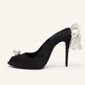 <b>Big</b> Size 45 Back Flower Women Pearl Elegant Sandals Peep Toe Stiletto Dress Shoes Thin High Heels Wide Fit Mules Pumps - Product Image 3