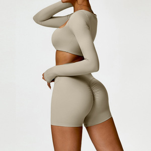 Kişiye Özel Logolu Spor Sütyeni Uzun Kollu Kadın Spor Salonu Fitness Seti Çevre Dostu Nefes Alabilen 2 Parça Scrunch Spor Yoga Taytı - Product Image 5