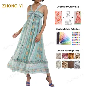 Giyim tasarım hizmetleri yeşil çiçek baskı rahat kadın elbise tasarımcısı Halter elbiseler kadın Maxi elbise 2024