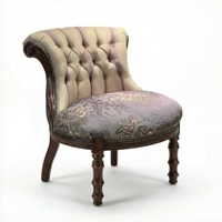 Fauteuil d'appoint antique capitonné à dossier bas avec dossier rayé, assise en brocart floral et garniture à clous en laiton, pieds tournés