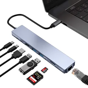 用于Macbook Pro Usb C集线器8in1 Usb集线器的笔记本电脑扩展坞3.0以太网充电Rj45 Pd通用雷电类型C 8 In 1