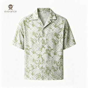 Camicia Estiva da Uomo Verde Floreale in Rete Traspirante ODM 145gsm con Ricamo Geometrico a Occhiello Elasticizzato Stile Cubano per Vacanze - Product Image 6