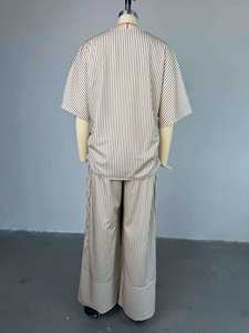 Ensemble décontracté Maxfree 2026 été : Haut rayé à col en V et manches courtes + pantalon large pour femme - Product Image 6