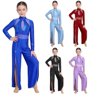 Justaucorps de danse lyrique pour filles avec strass et sequins, maille, col montant, pantalon large fendu, coupe ajustée pour la compétition, personnalisable - Product Image 1