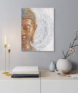 Modern 3D Mandala Flower Blossom <strong>Buddha</strong> <strong>Painting</strong> with Gold Foil High-Definition Reproduction Print on Blue <strong>Canvas</strong> - Product Image 1