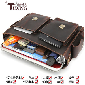 Tiding Genuine Leather Men's <b>Briefcase</b> 17-inch Large Capacity Business Bag Shoulder Crossbody Dark Brown - Product Image 5