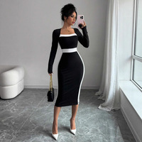 Robe élégante pour femmes européennes et américaines, col carré, manches longues, coupe ajustée, avec détails sur les hanches, style chic.