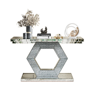 Hexagon Mirror Entryway <b>Console</b> <b>Table</b> With Diamond <b>Glass</b> Effects Dual Tier Luxury Foyer Decor - Product Image 6