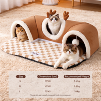 Lit tunnel pour chat en peluche amovible et mignon, semi-fermé, type grotte chaude, avec jouet pompon suspendu, pour chaton d'intérieur, toutes saisons, amovible