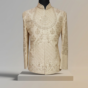 ELEGANT-BEAUTIFUL EMBROIDERY on GROOM SHERWANI and <b>PANT</b> WITH EMBELLISHED CRYSTAL GLASS BEADS,DABKA,STONE WORK for WEDDING=2024 - Product Image 5