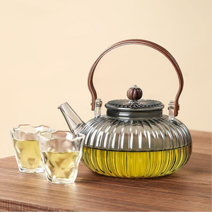 Tetera de vidrio con tapa, resistente al calor, para preparar té, diseño de calabaza a rayas, apta para estufas eléctricas de cerámica. - Product Image 2