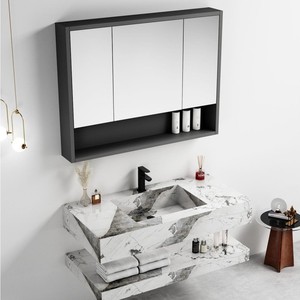 Ensemble de meuble-lavabo en marbre gris CR avec miroir LED et lavabo, meuble-lavabo moderne pour salle de bain - Product Image 3